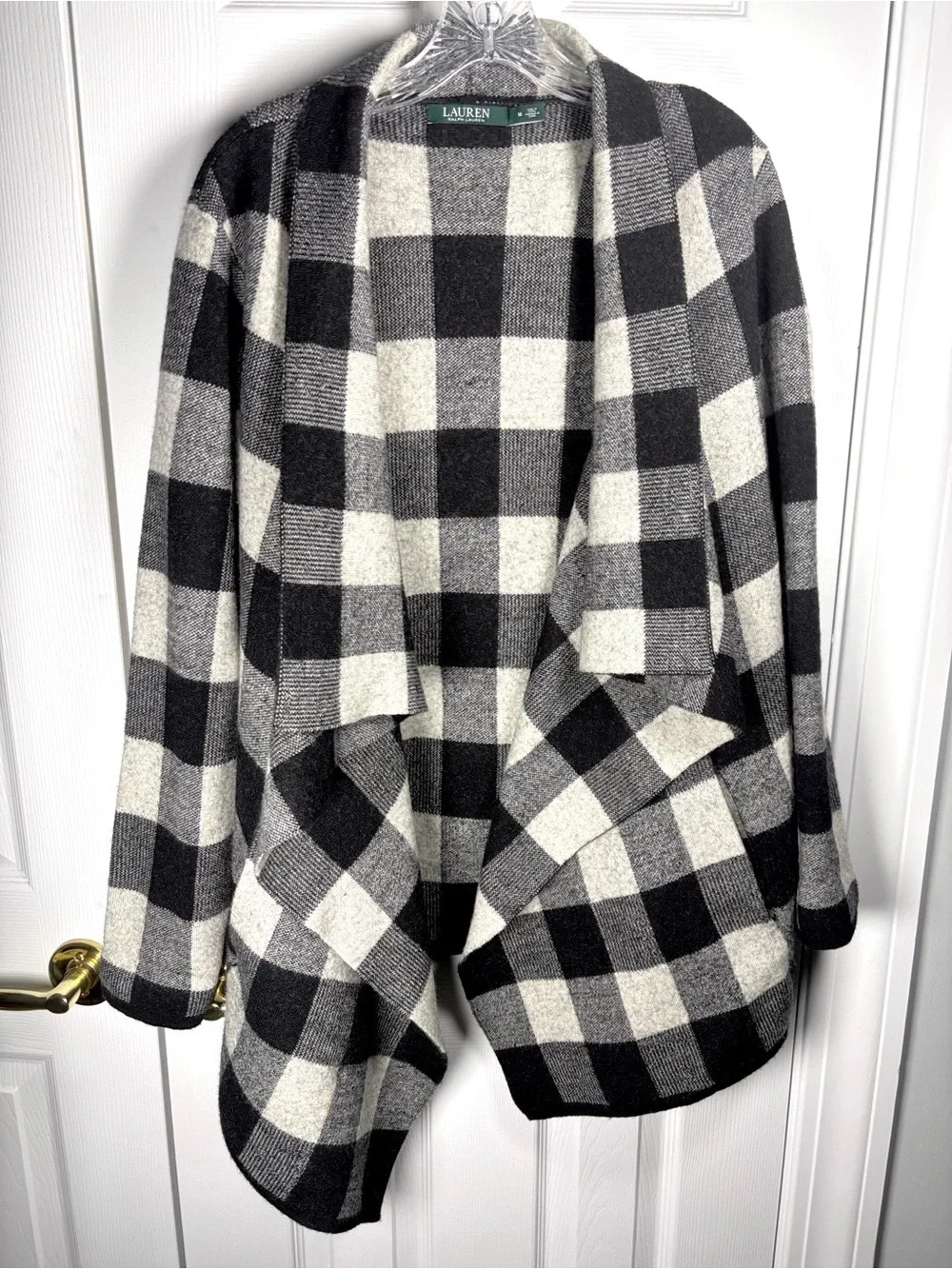 Lauren Ralph Lauren Black White Buffalo Plaid Open Cape Heavy Wool Seeater M